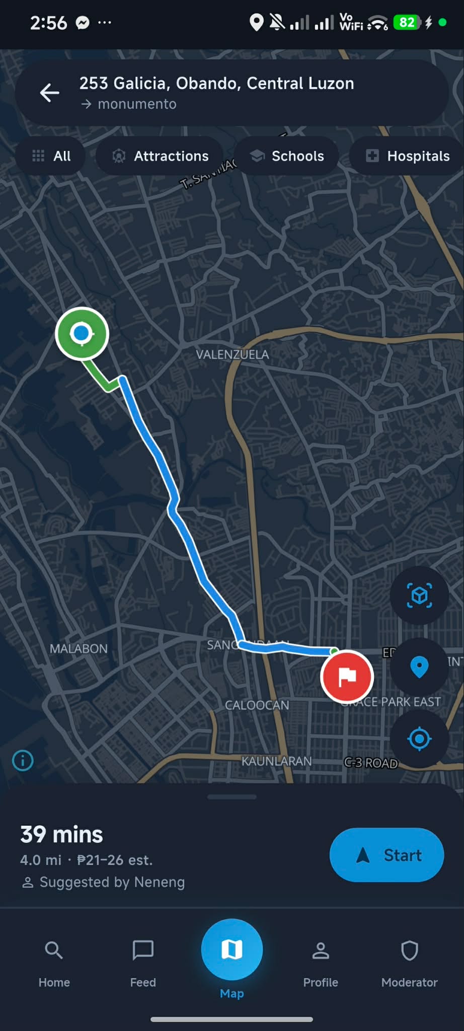 TransitPH map screen showing a route from Valenzuela to Caloocan with a 39 minute estimate and fare range